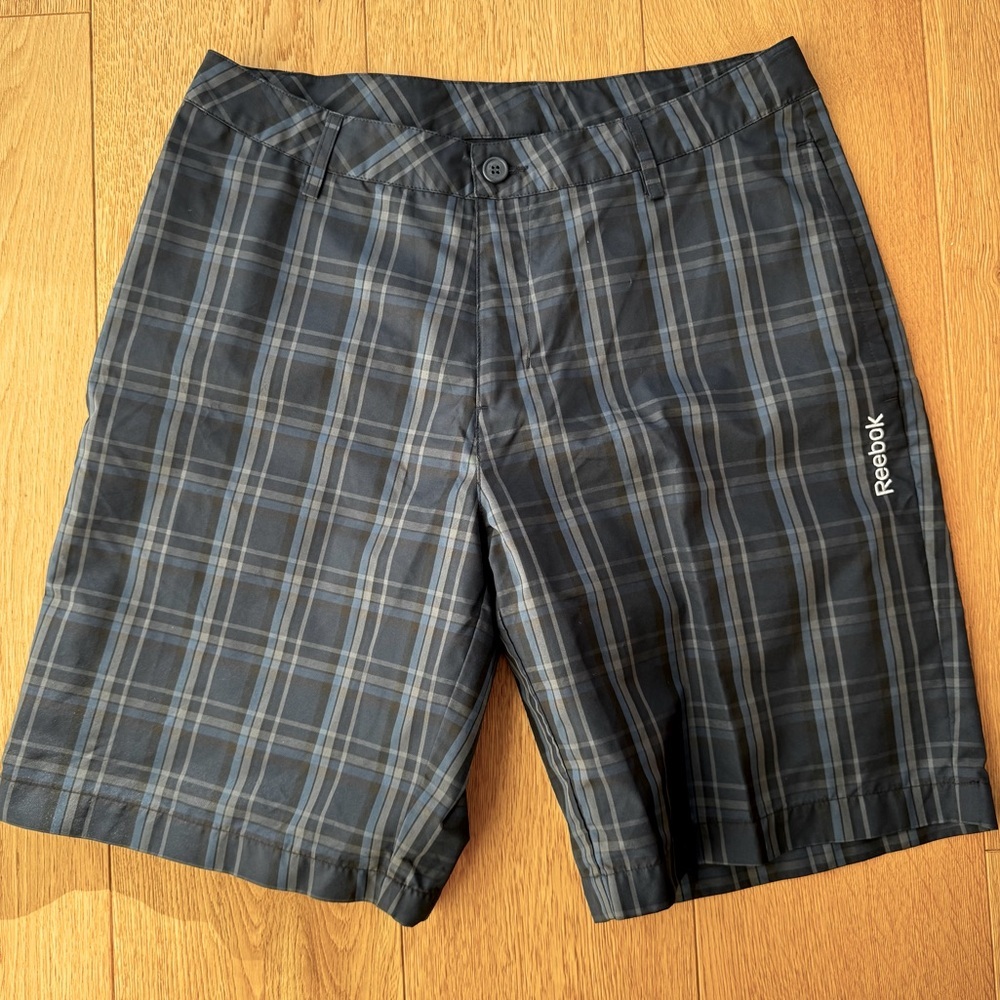 Reebok Plaid Mens Performance Golf Shorts Size 32 Blue Flat Front side Pockets